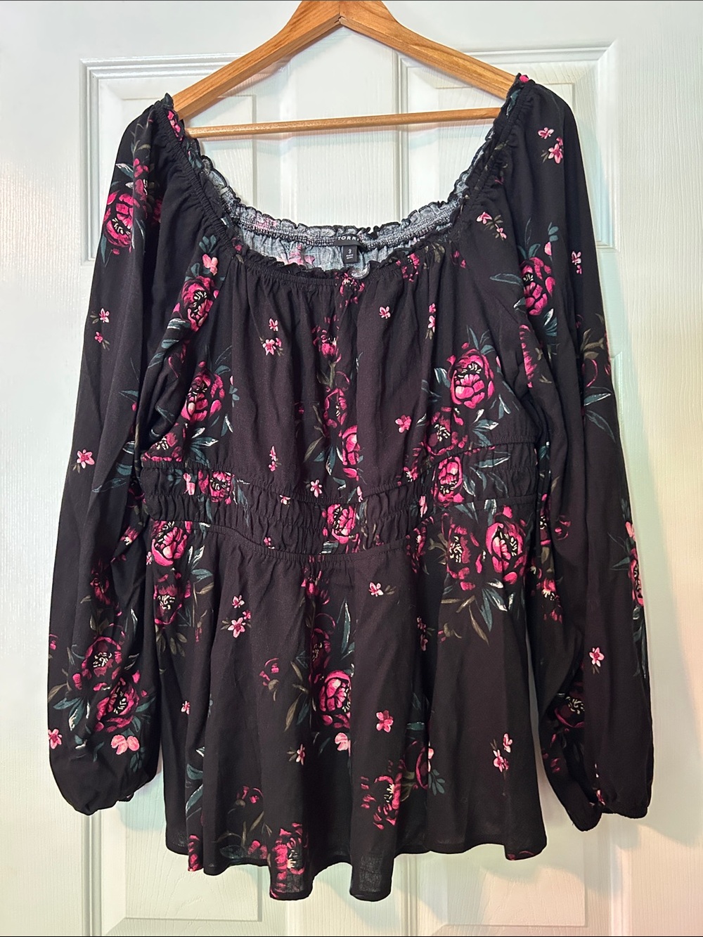 torrid Black Peasant Blouse with Pink Floral Print